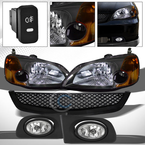 BLACK HEAD LIGHTS SIGNAL AM DY+MESH GRILLE+BUMPER FOG PT 01-03 HONDA CIVIC EM/ES