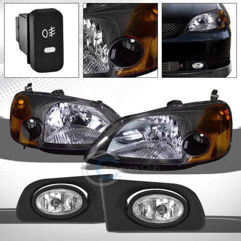 BLK CRYSTAL HEAD LIGHTS SIGNAL AM DY+BUMPER FOG LAMPS PT 01-03 HONDA CIVIC EM/ES
