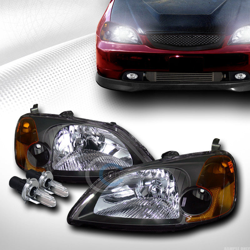 6000K HID BI-XENON BLK CLEAR HEAD LIGHTS LAMPS SIGNAL AMBER DY 01-03 HONDA CIVIC