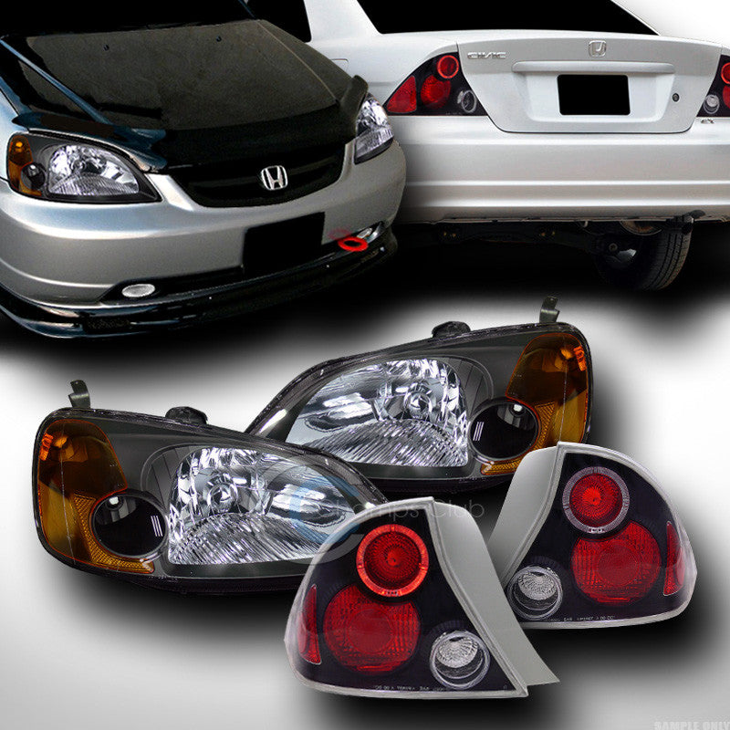 BLK HEAD LIGHTS SIGNAL AMBER W/ALTEZZA HALO TAIL LAMPS 01-03 HONDA CIVIC 2D 2DR