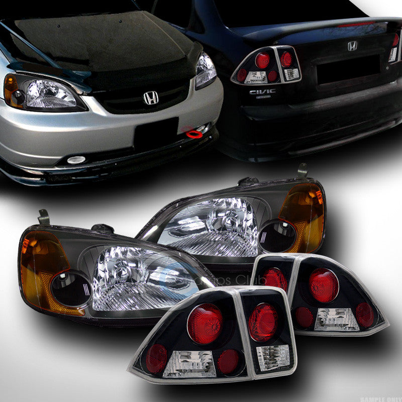 BLK HEAD LIGHTS SIGNAL AMBER W/ALTEZZA REAR TAIL LAMPS 01-03 HONDA CIVIC 4D 4DR
