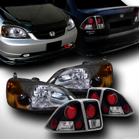 BLK HEAD LIGHTS SIGNAL AMBER W/ALTEZZA REAR TAIL LAMPS 01-03 HONDA CIVIC 4D 4DR