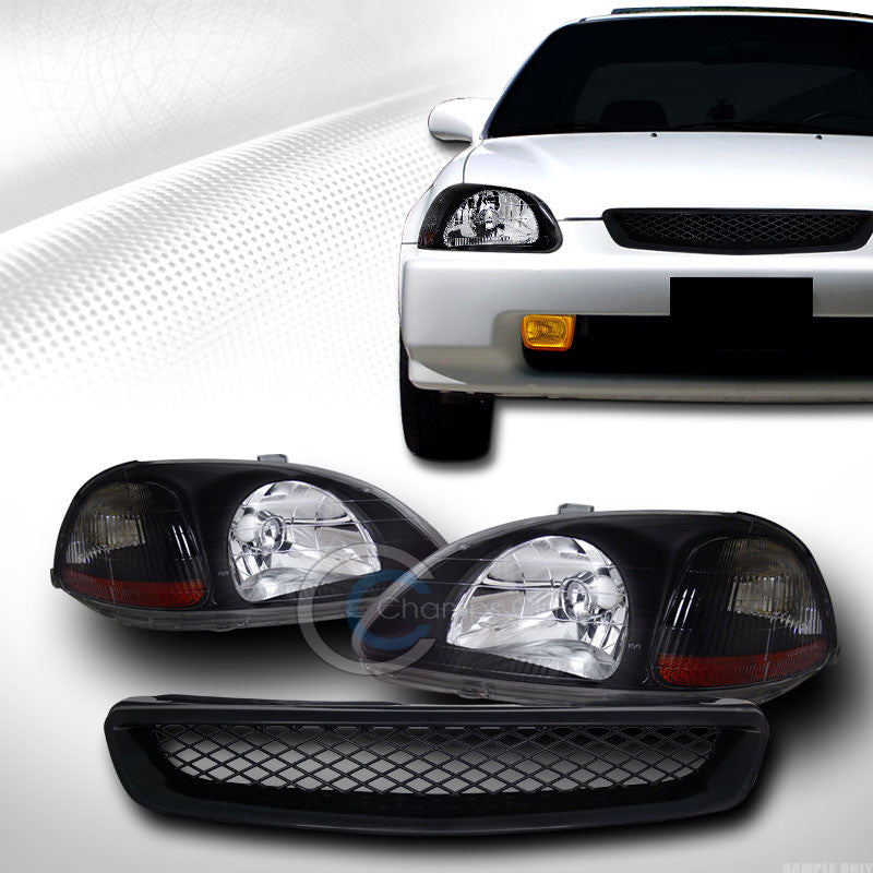 BLK HEAD LIGHTS SIGNAL AMBER+TR MESH BUMPER GRILL GRILLE 96-98 HONDA CIVIC EK EJ