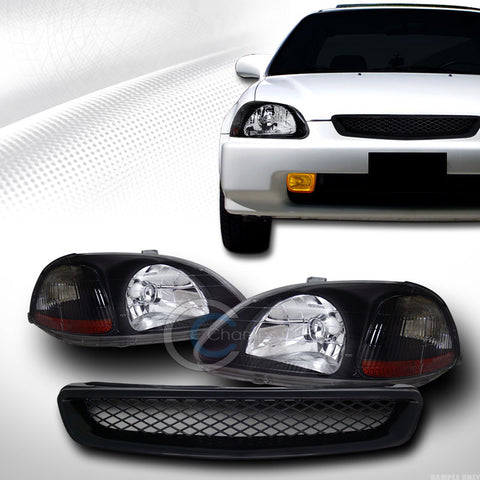 BLK HEAD LIGHTS SIGNAL AMBER+TR MESH BUMPER GRILL GRILLE 96-98 HONDA CIVIC EK EJ