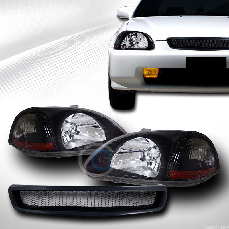 BLK HEAD LIGHTS SIGNAL AMBER+ALUMINUM MESH BUMPER GRILL GRILLE 96-98 CIVIC EK EJ
