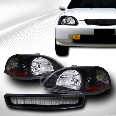 BLK HEAD LIGHTS SIGNAL AMBER+ALUMINUM MESH BUMPER GRILL GRILLE 96-98 CIVIC EK EJ