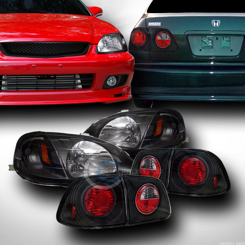 BLK CRYSTAL HEAD LIGHTS SIGNAL A W/ALTEZZA TAIL LAMP RED KS 99-00 HONDA CIVIC 4D