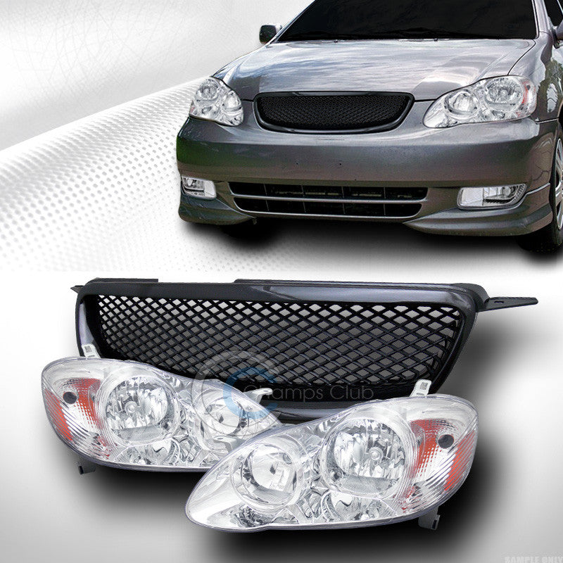 CHROME HEAD LIGHTS SIGNAL AMBER+TR-D MESH HOOD BUMPER GRILL GRILLE 03-04 COROLLA