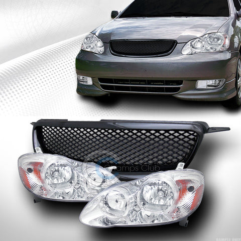 CHROME HEAD LIGHTS SIGNAL AMBER+TR-D MESH HOOD BUMPER GRILL GRILLE 03-04 COROLLA