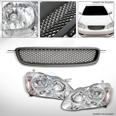 CHROME HEAD LIGHTS LAMPS AMBER+MATTE BLK MESH BUMPER GRILL GRILLE 03-04 COROLLA