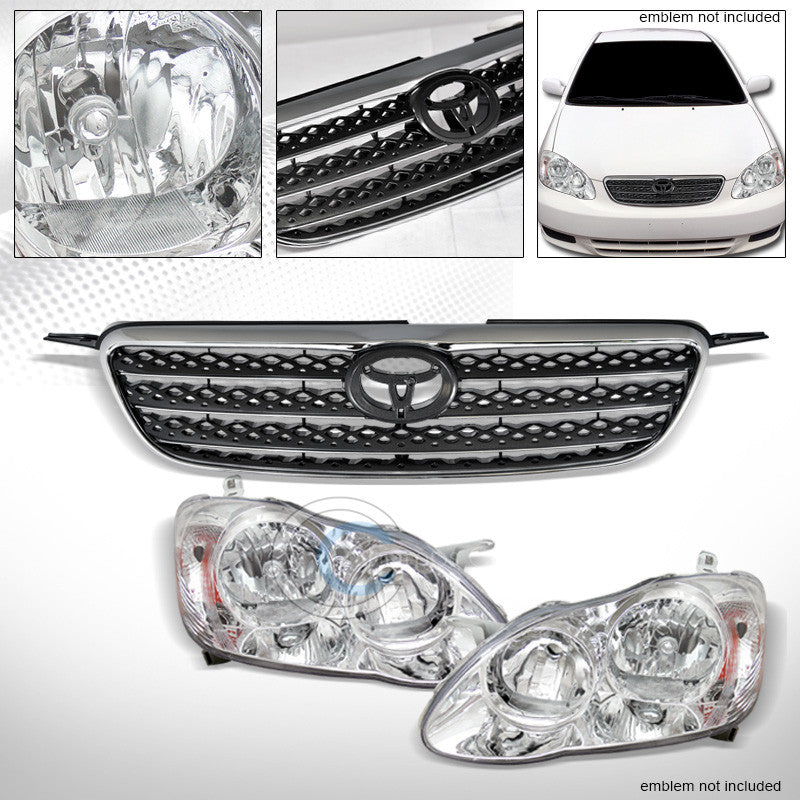 CLEAR HEAD LIGHTS LAMPS AM+CHROME/GRAY FACTORY BUMPER GRILL GRILLE 03-04 COROLLA
