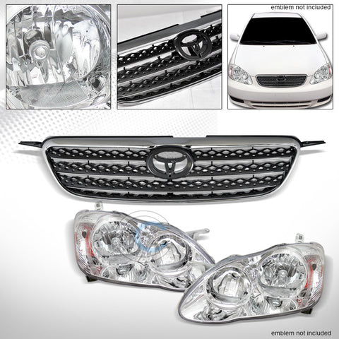 CLEAR HEAD LIGHTS LAMPS AM+CHROME/GRAY FACTORY BUMPER GRILL GRILLE 03-04 COROLLA