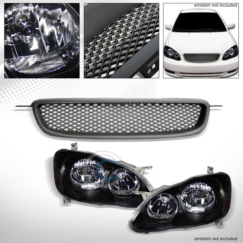BLK HEAD LIGHTS LAMPS AMBER+MATTE MESH BUMPER GRILL GRILLE 03-04 TOYOTA COROLLA