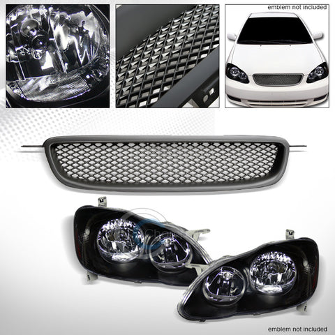 BLK HEAD LIGHTS LAMPS AMBER+MATTE MESH BUMPER GRILL GRILLE 03-04 TOYOTA COROLLA