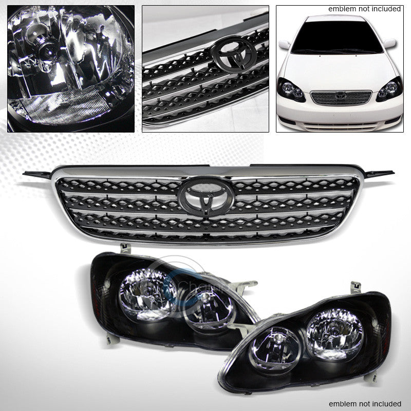 BLACK HEAD LIGHTS LAMPS AM+CHROME/GRAY FACTORY BUMPER GRILL GRILLE 03-04 COROLLA