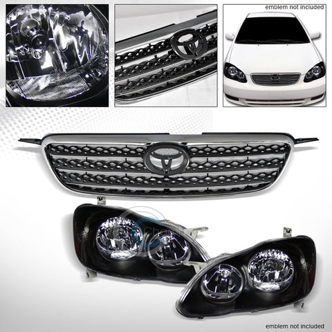 BLACK HEAD LIGHTS LAMPS AM+CHROME/GRAY FACTORY BUMPER GRILL GRILLE 03-04 COROLLA