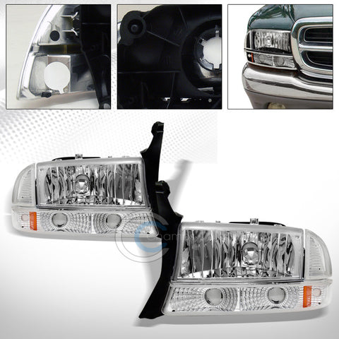 FACTORY CHROME HEAD LIGHTS+SIGNAL CORNER BUMPER AM DY 97-04 DAKOTA/98-03 DURANGO