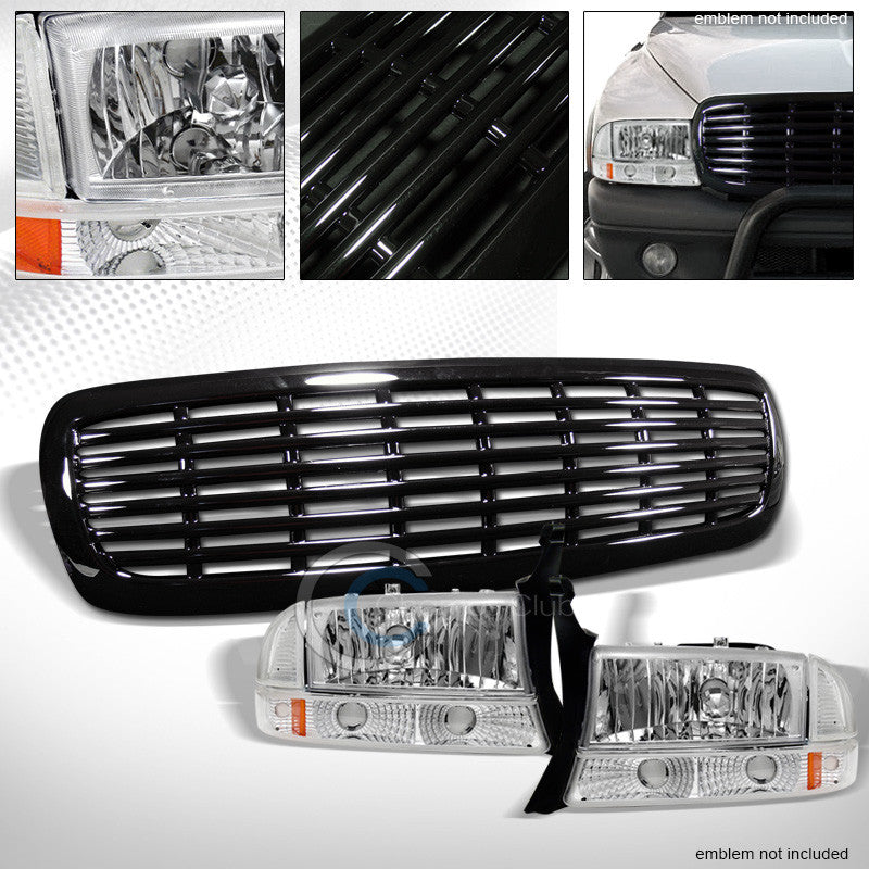CHROME HEAD LIGHTS+BUMPER SIGNAL AMBER+BLK GRILL GRILLE 97-04 DAKOTA/98+ DURANGO