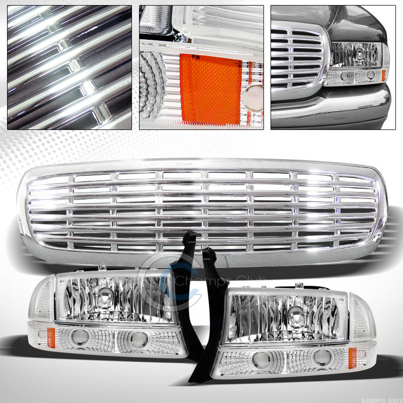 CHROME HEAD LIGHTS+BUMPER SIGNAL AMBER+GRILL GRILLE 97+ DODGE DAKOTA/98+ DURANGO