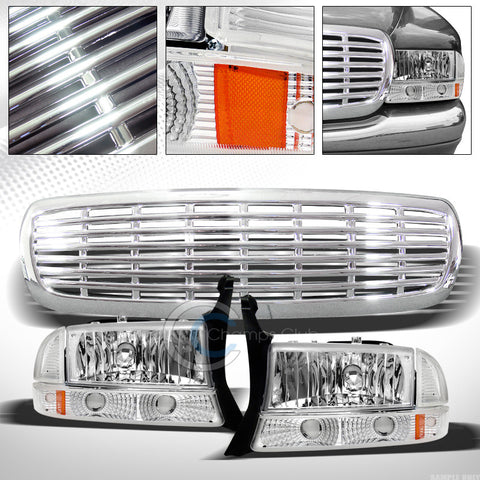 CHROME HEAD LIGHTS+BUMPER SIGNAL AMBER+GRILL GRILLE 97+ DODGE DAKOTA/98+ DURANGO