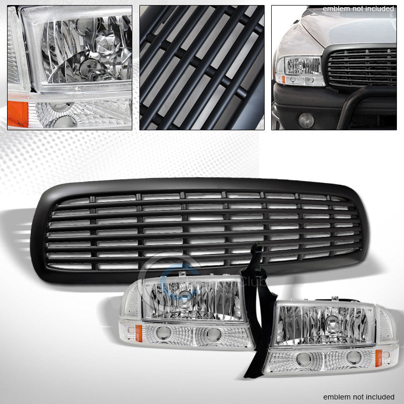 CHROME HEAD LIGHTS+BUMPER SIGNAL AMBER+MATTE BLK GRILLE 97-04 DAKOTA/98+ DURANGO
