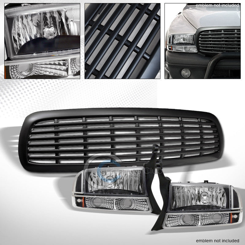 BLK HEAD LIGHTS+BUMPER SIGNAL LAMPS AMBER+MATTE GRILLE 97-04 DAKOTA/98+ DURANGO