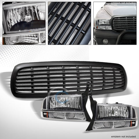 BLK HEAD LIGHTS+BUMPER SIGNAL LAMPS AMBER+MATTE GRILLE 97-04 DAKOTA/98+ DURANGO