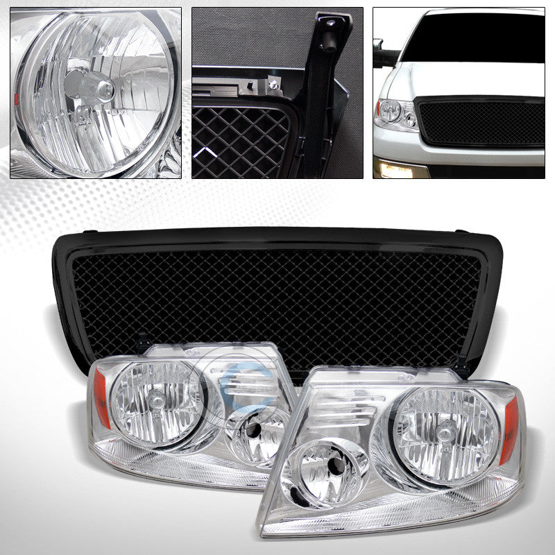 CHROME HEAD LIGHTS SIGNAL AMBER w/BLACK MESH BUMPER GRILL GRILLE 04-08 FORD F150