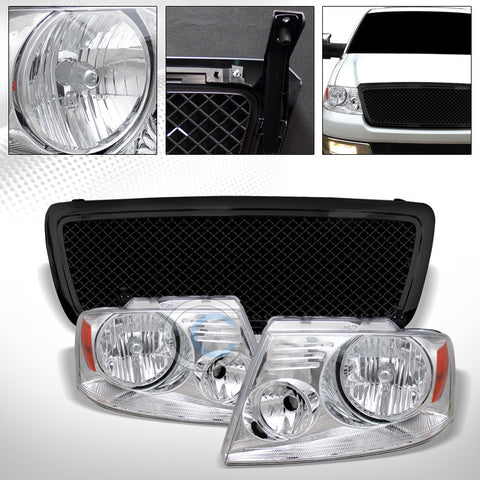 CHROME HEAD LIGHTS SIGNAL AMBER w/BLACK MESH BUMPER GRILL GRILLE 04-08 FORD F150