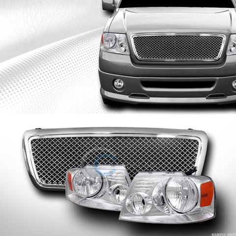 CHROME HEAD LIGHT AMBER DY+LUXURY MESH FRONT BUMPER GRILL GRILLE 04-08 FORD F150