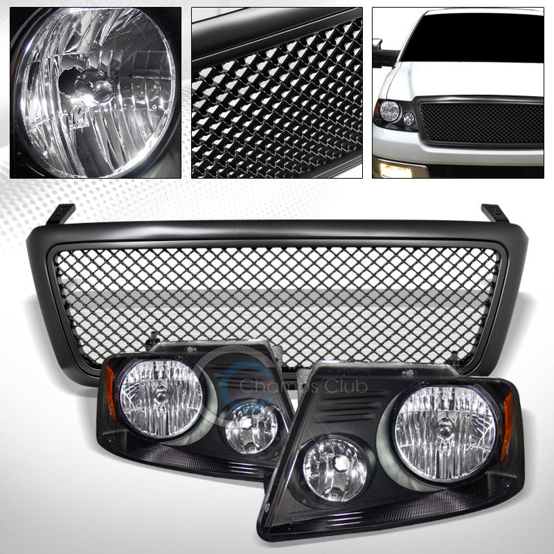 BLACK HEAD LIGHTS SIGNAL AMBER w/MATTE MESH BUMPER GRILL GRILLE 04-08 FORD F150