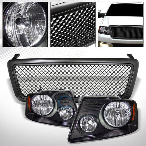 BLACK HEAD LIGHTS SIGNAL AMBER w/MATTE MESH BUMPER GRILL GRILLE 04-08 FORD F150