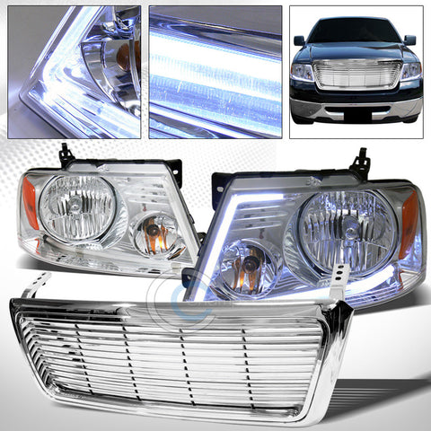 DRL LED STRIP CHROME HEAD LIGHTS+HORIZONTAL BUMPER GRILL GRILLE 04-08 FORD F150