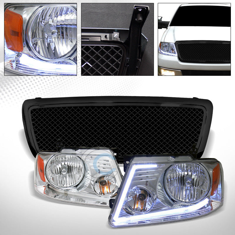 DRL LED STRIP CHROME HEAD LIGHTS AMBER w/BLK MESH BUMPER GRILL GRILLE 04-08 F150