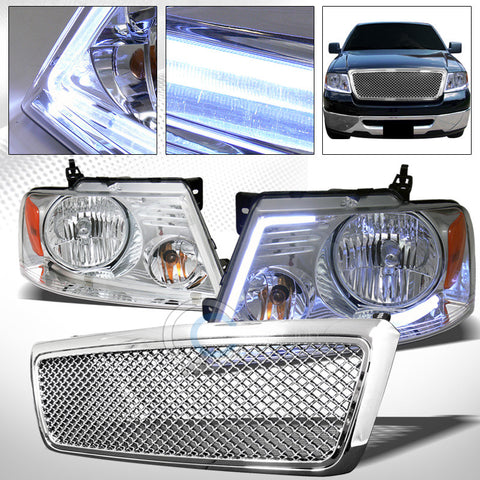 DRL LED STRIP BAR CHROME HEAD LIGHTS+HONEYCOME MESH GRILL GRILLE 04-08 FORD F150