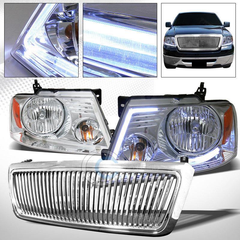 DRL LED STRIP BAR CHROME HEAD LIGHT+VERTICAL BUMPER GRILL GRILLE 04-08 FORD F150