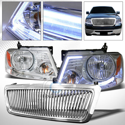 DRL LED STRIP BAR CHROME HEAD LIGHT+VERTICAL BUMPER GRILL GRILLE 04-08 FORD F150
