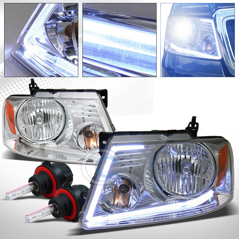 *NEW DESIGN* DRL LED STRIP CHROME HEAD LIGHTS+8000K HID BI-XENON 04-08 FORD F150