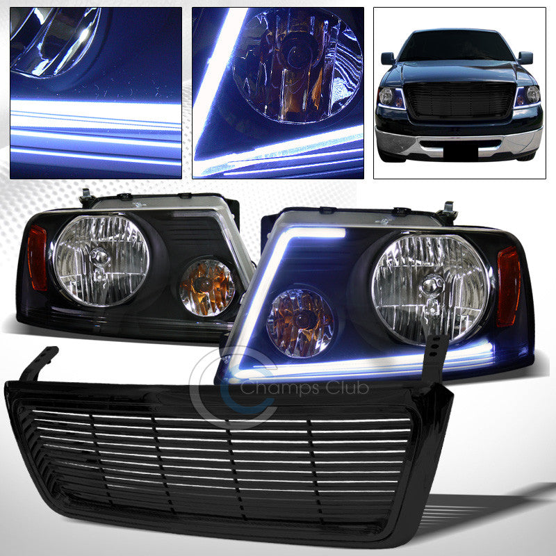 DRL LED STRIP BAR BLACK HEAD LIGHTS+HORIZONTAL HOOD GRILL GRILLE 04-08 FORD F150