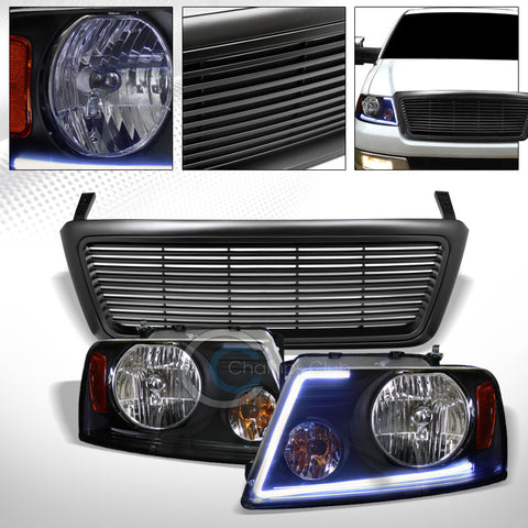 DRL LED STRIP BLACK HEAD LIGHTS AMBER w/MATTE HORIZONTAL GRILL GRILLE 04-08 F150