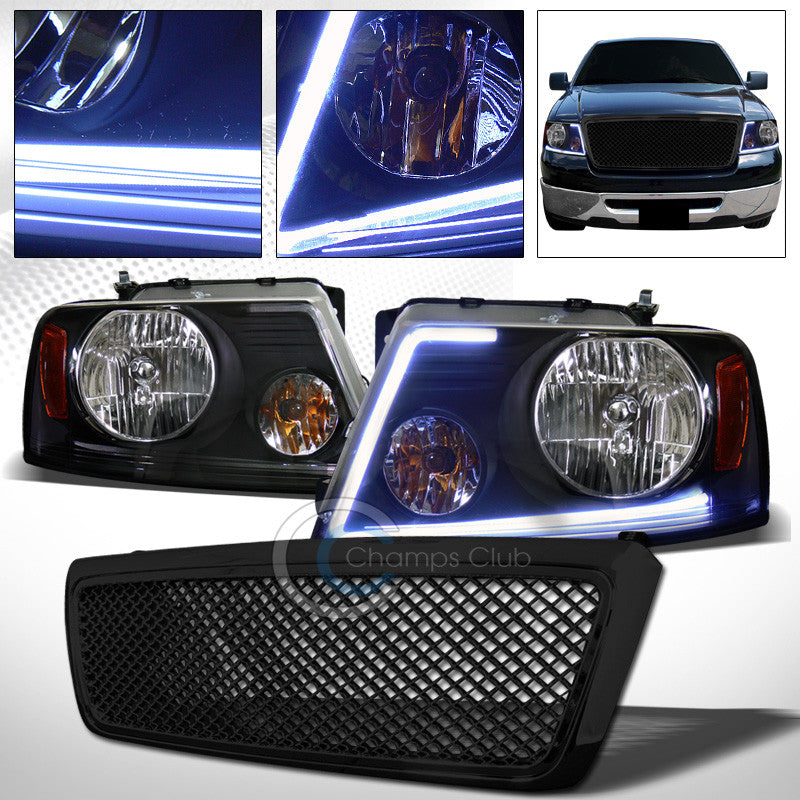DRL LED STRIP BLACK HEAD LIGHTS+HONEYCOME MESH HOOD GRILL GRILLE 04-08 FORD F150