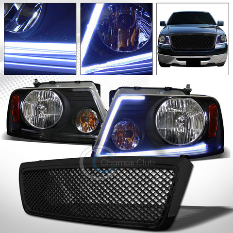 DRL LED STRIP BLACK HEAD LIGHTS+HONEYCOME MESH HOOD GRILL GRILLE 04-08 FORD F150