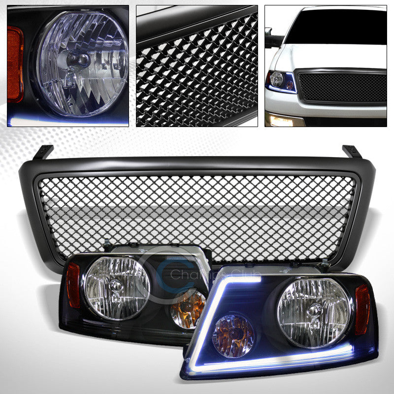 DRL LED STRIP BLK HEAD LIGHTS AMBER w/MATTE MESH BUMPER GRILL GRILLE 04-08 F150