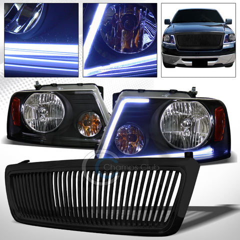 DRL LED STRIP BAR BLACK HEAD LIGHTS+VERTICAL BUMPER GRILL GRILLE 04-08 FORD F150