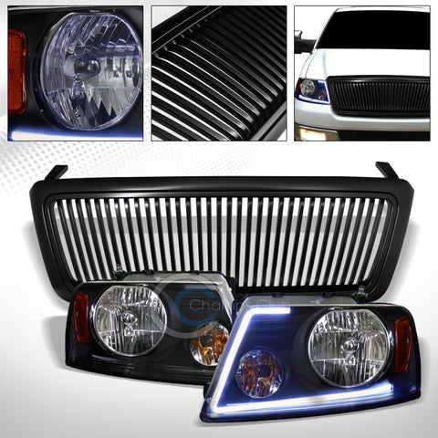 DRL LED STRIP BLK HEAD LIGHTS AMBER+MATTE VERTICAL FRONT GRILL GRILLE 04-08 F150