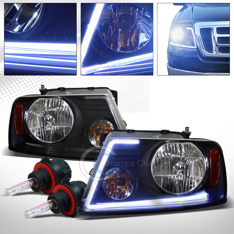 *NEW DESIGN* DRL LED STRIP BLACK HEAD LIGHTS+8000K HID BI-XENON 04-08 FORD F150