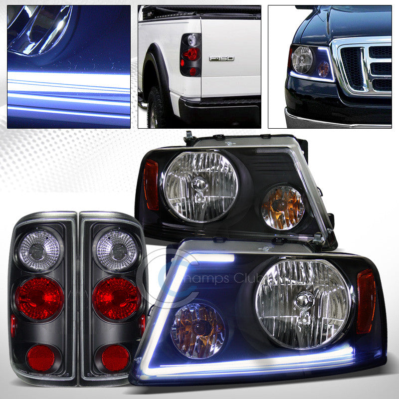 DRL LED BAR BLACK HEAD LIGHTS+ALTEZZA TAIL BRAKE LAMPS 04-08 FORD F150 STYLESIDE