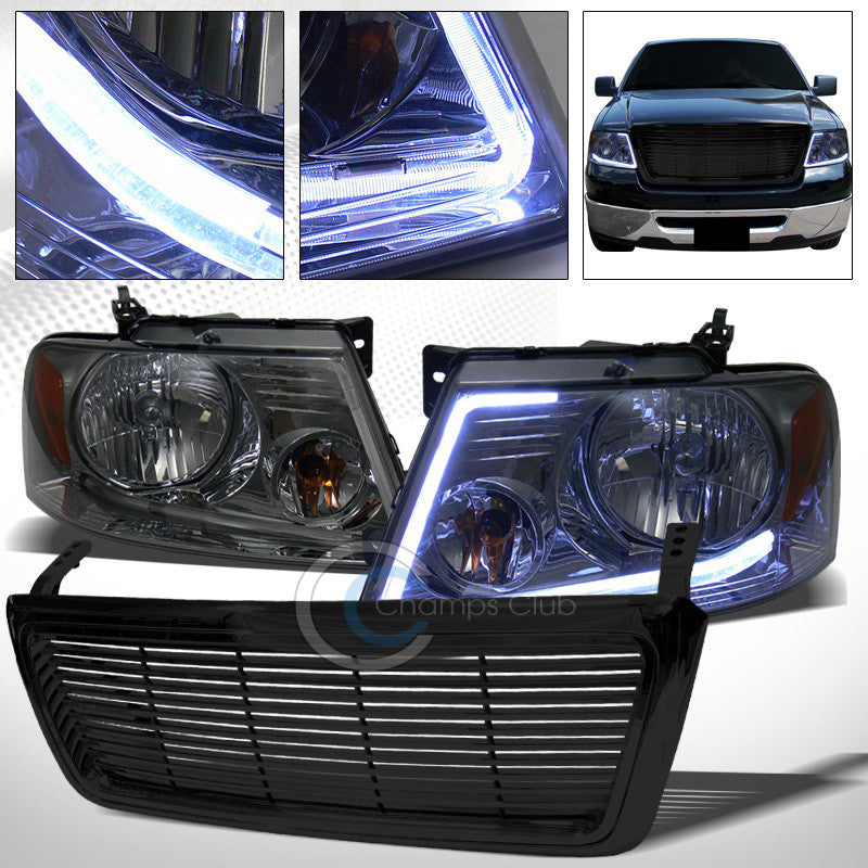 DRL LED STRIP SMOKE HEAD LIGHTS+BLK HORIZONTAL HOOD GRILL GRILLE 04-08 FORD F150
