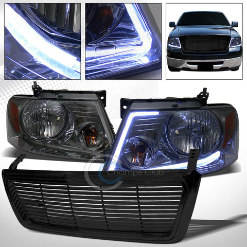 DRL LED STRIP SMOKE HEAD LIGHTS+BLK HORIZONTAL HOOD GRILL GRILLE 04-08 FORD F150