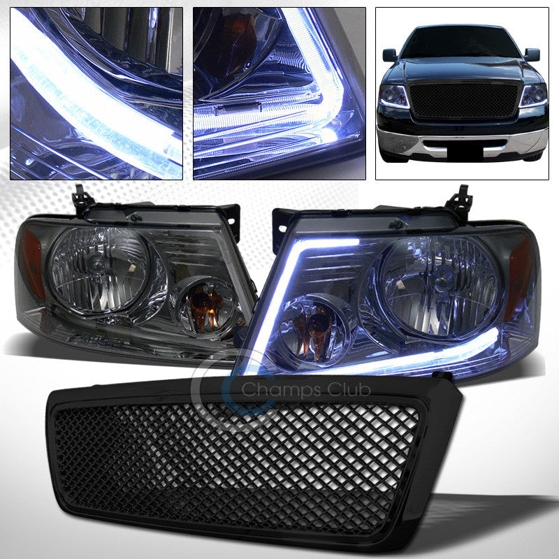 DRL LED STRIP SMOKE HEAD LIGHTS+BLK HONEYCOME MESH GRILL GRILLE 04-08 FORD F150
